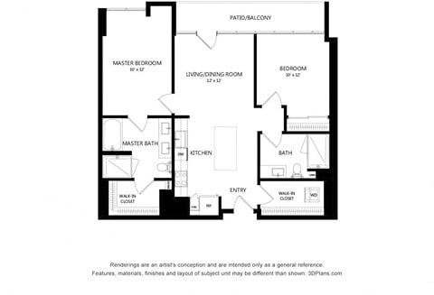 Floor plan for 2 beds, 2 baths, 1087 sqft